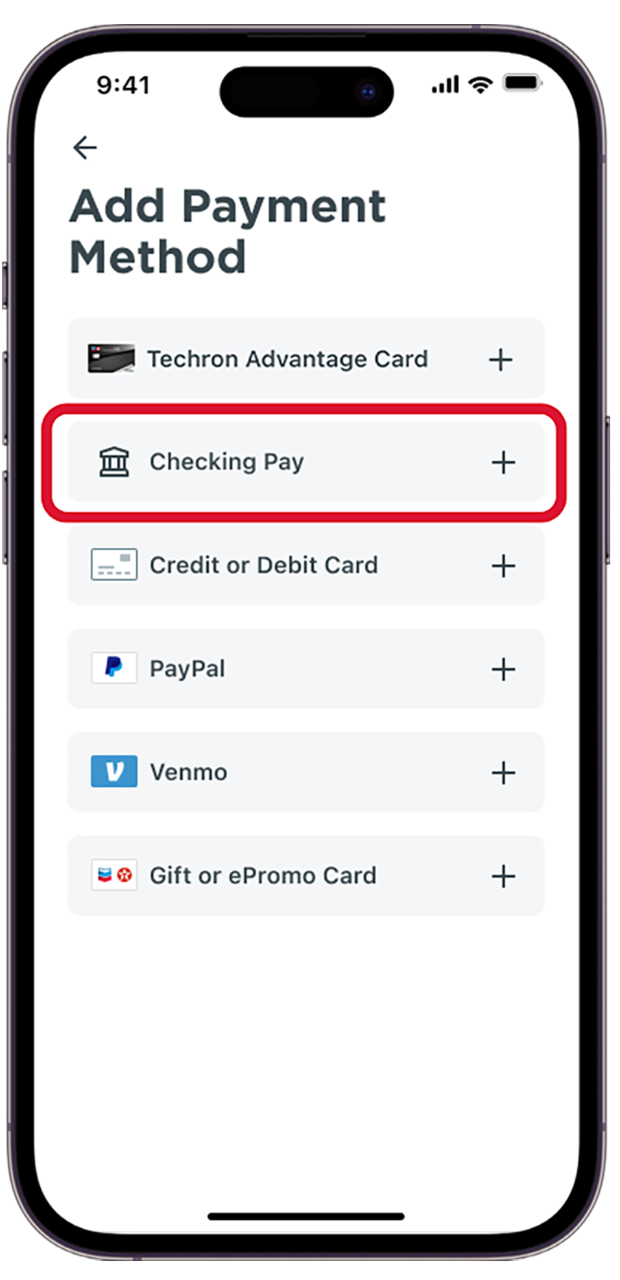 Select Checking Pay from Add Payment methods