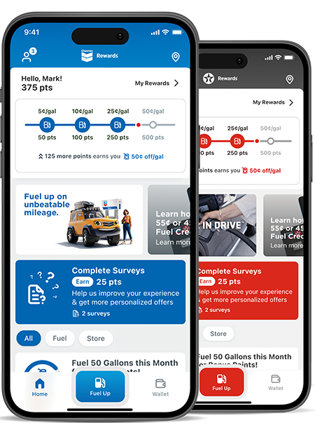 Chevron and texaco homepage app screens