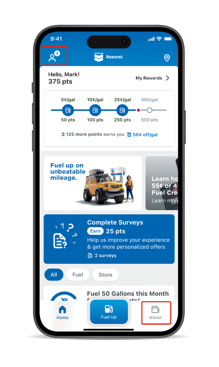 Go to wallet tab on mobile screen app 