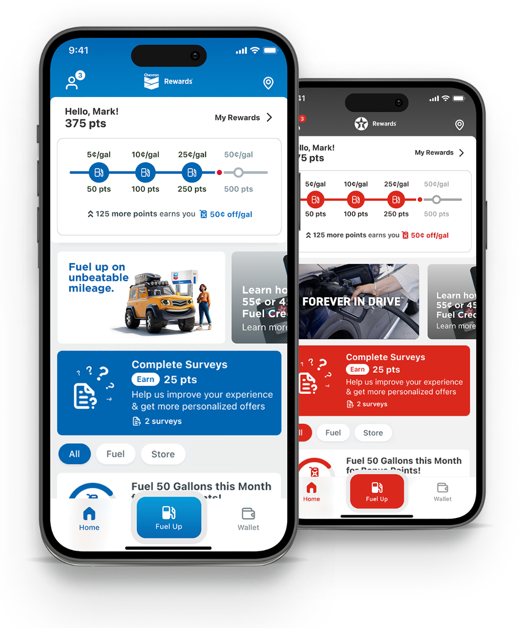 Chevron and Texaco app homepage screens