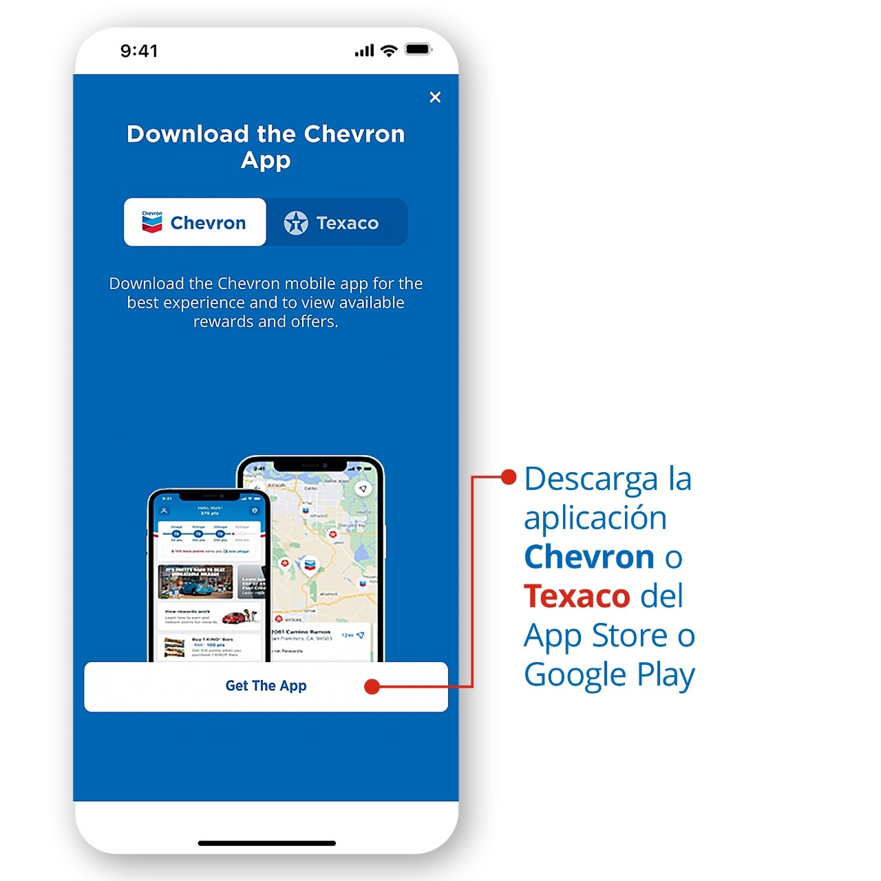 Descarga la aplicación de Chevron o Texaco del App Store o Google Play.