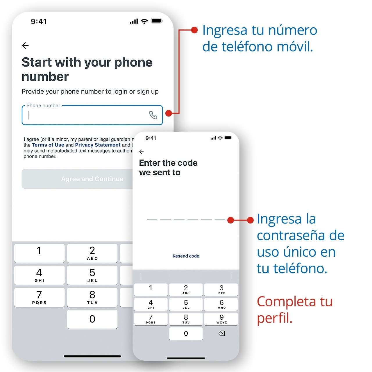 Comience con su número de teléfono para iniciar sesión o registrarse