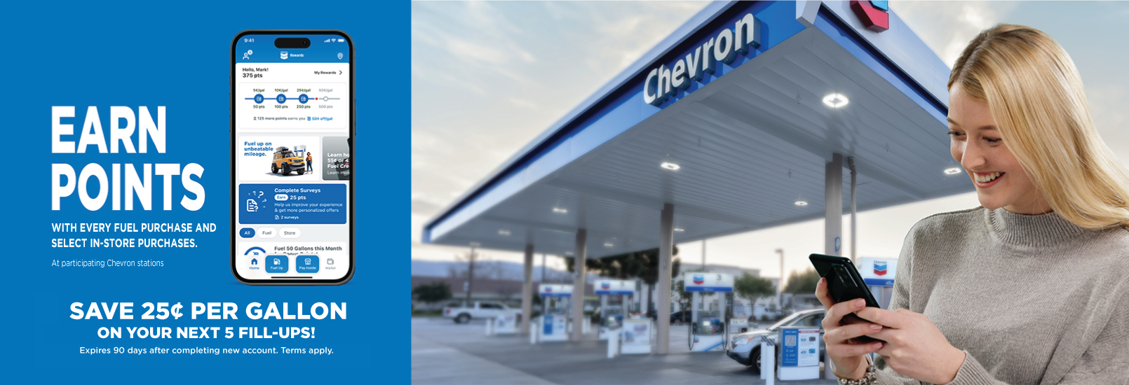 Girl on phone-Chevron Station earn points with chevron mobile app