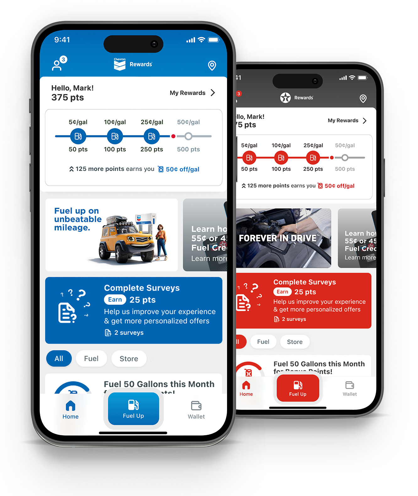 Chevron and Texaco app homepage screens