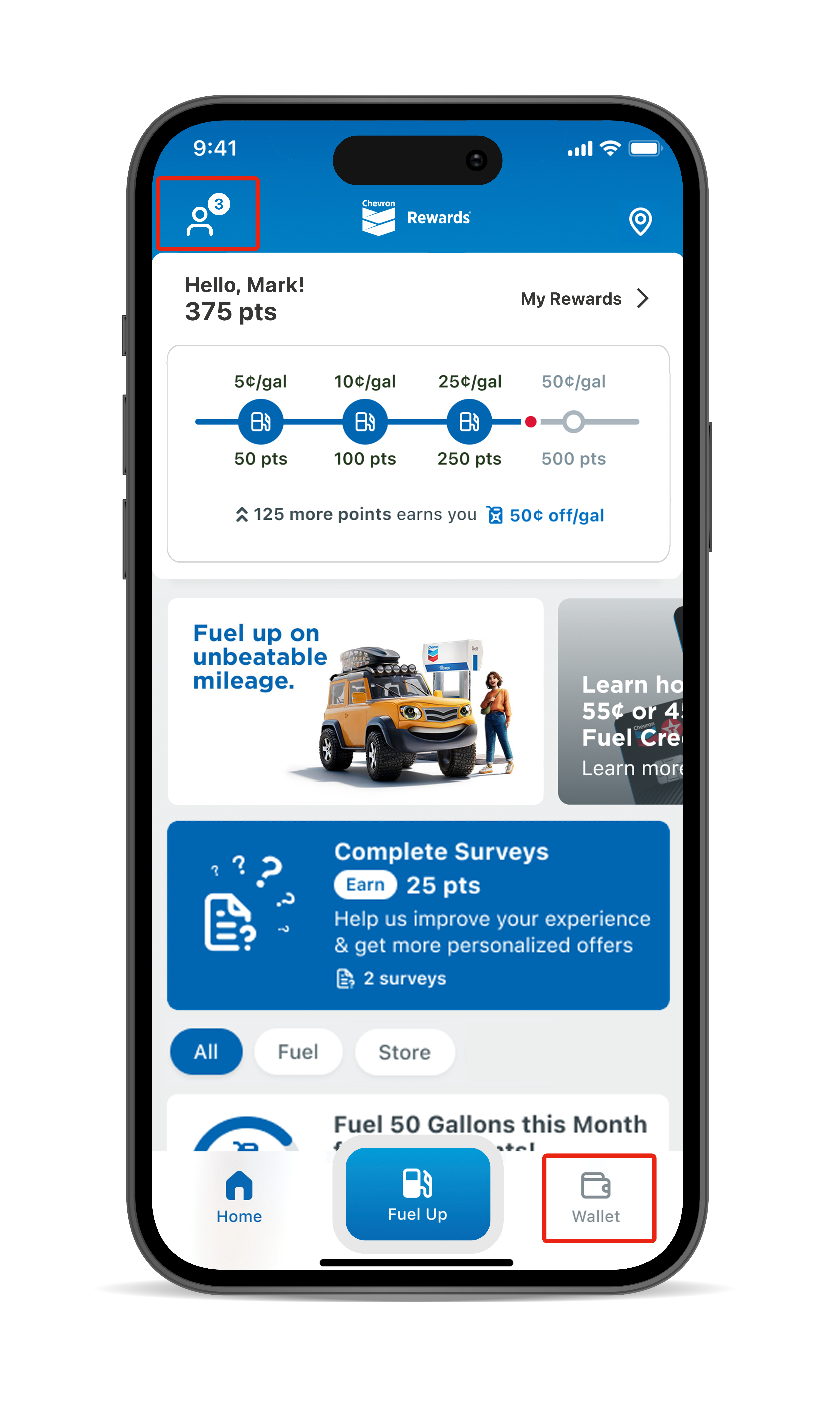 Go to wallet tab on mobile screen app 